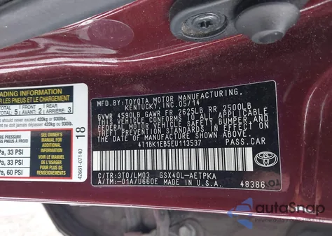 2014 Toyota Avalon Limited z USA, uszkodzony, nr VIN 4T1BK1EB5EU113537